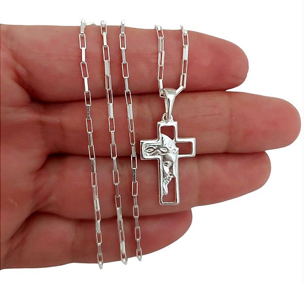 Corrente Cartie Pingente Cruz Face de Cristo Prata 925 70cm