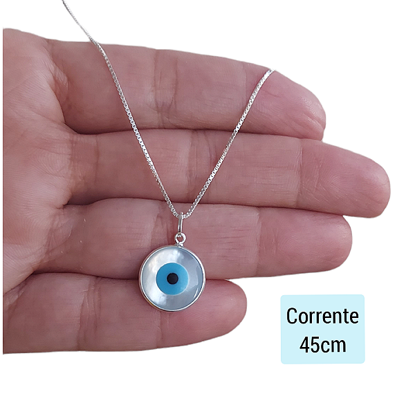 Corrente Feminina Olho Grego Madrepérola Natural Prata 925 45cm