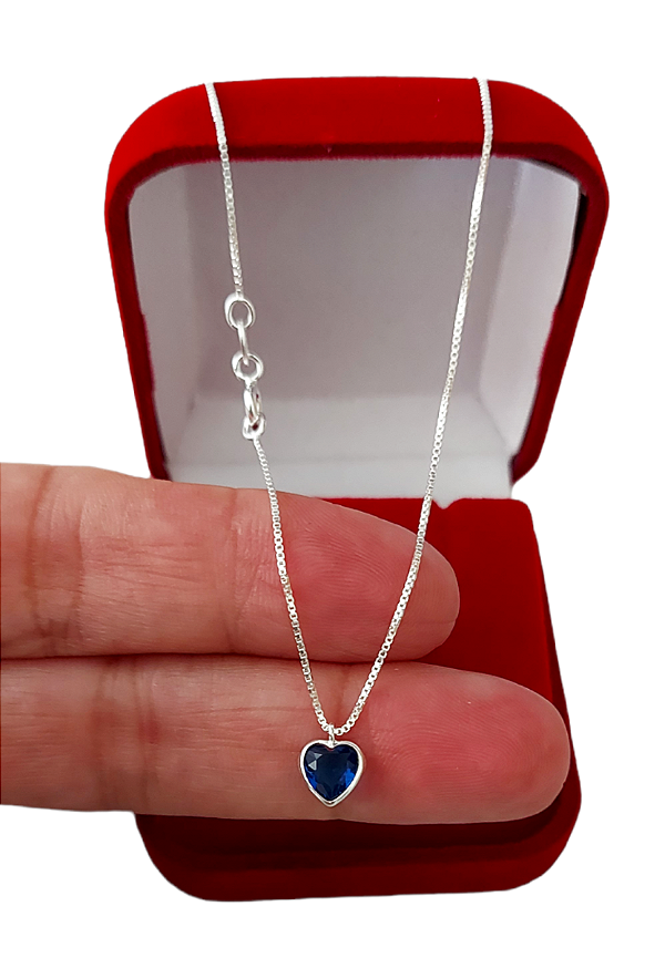 Corrente Feminina Ponto de Luz Coração Azul Prata 925 50cm