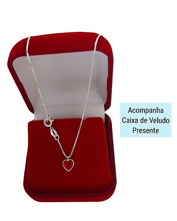 Corrente Feminina Ponto de Luz Coração Vermelho Prata 925
