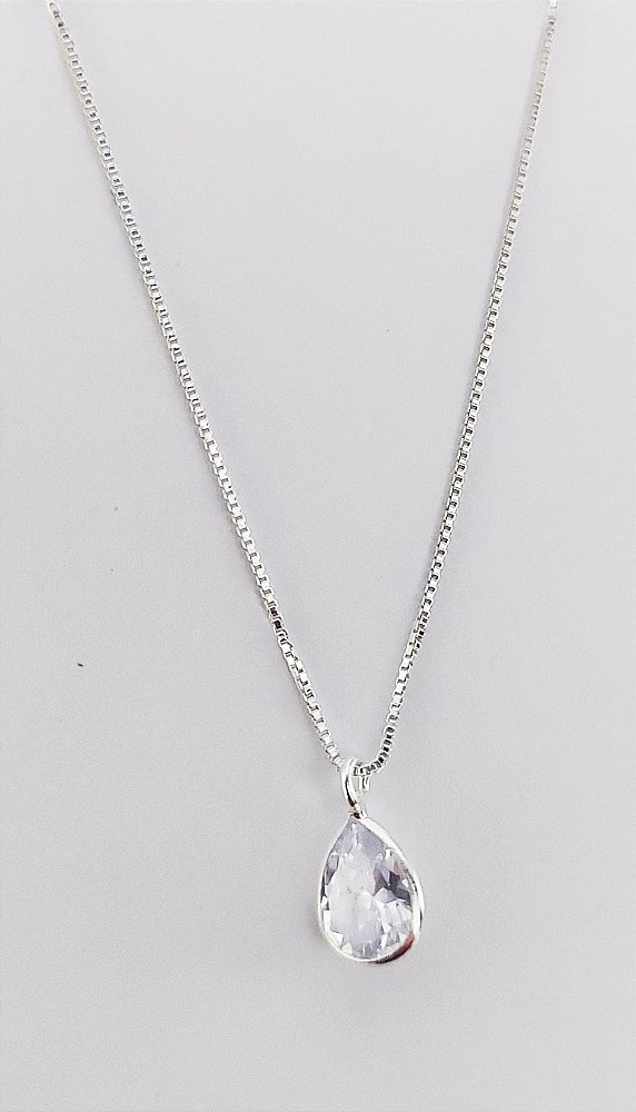 Corrente Femina Ponto de Luz Zirconia Gota Prata 925 Original 45cm