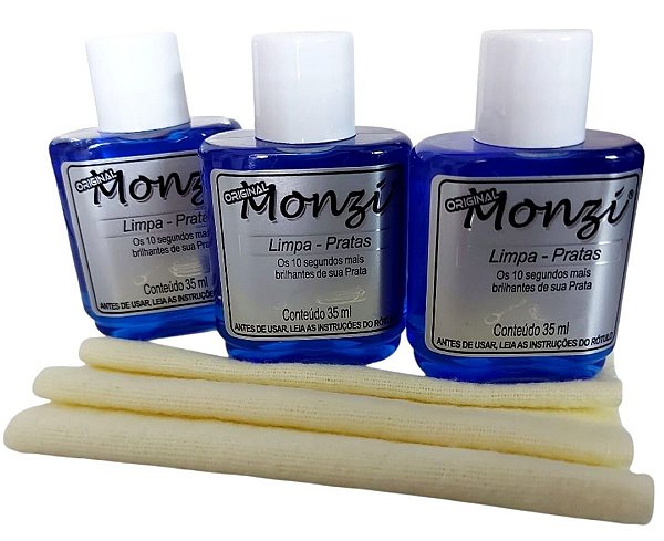 Limpa Prata Monzi Original 35ml 3 unidades mais 3 flanelas