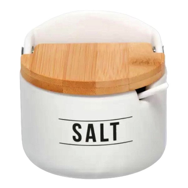 Saleiro de Porcelana com Colher e Tampa de Bambu Branco