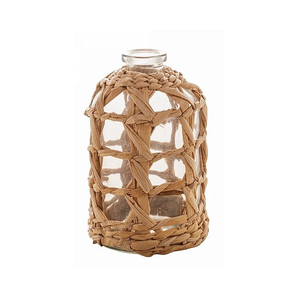 Vaso de Vidro e Fibra Natural Rattan Wolff 9x15cm (Selecione a variação)