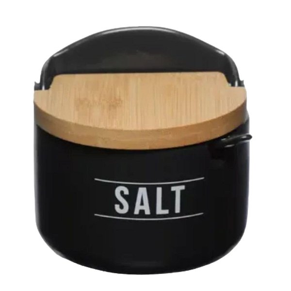 Saleiro de Porcelana com Colher e Tampa de Bambu Preto 290ml