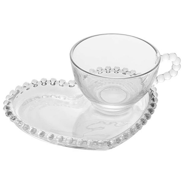 Xícara de Chá De Café Pearl Bolinhas Cristal Wolff 180ml Com Pires Prato de Coração