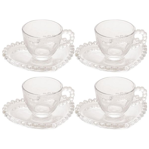 Jogo de 4 Xícaras de Café Chá Cristal 85ml Pearl com Pires de Coração Wolff