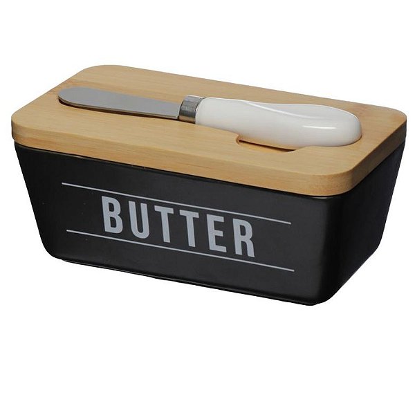 Manteigueira de Porcelana com Tampa de Bambu Com Faca Preta Butter Manhattan 400ml Haüskraft
