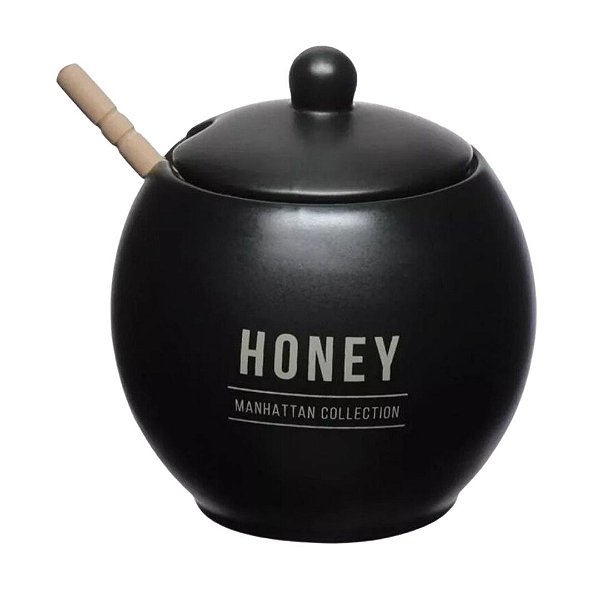Meleira de Porcelana Honey Preta Manhattan com Tampa com Colher de Bambu 350ml Haüskraft (Selecione Variação)