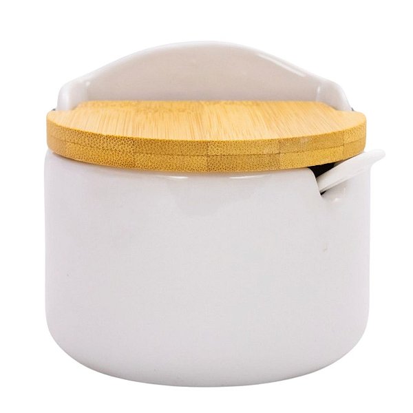 Saleiro Porta Condimento de Cerâmica Com Colher Bianco e Tampa de Bambu Lyor
