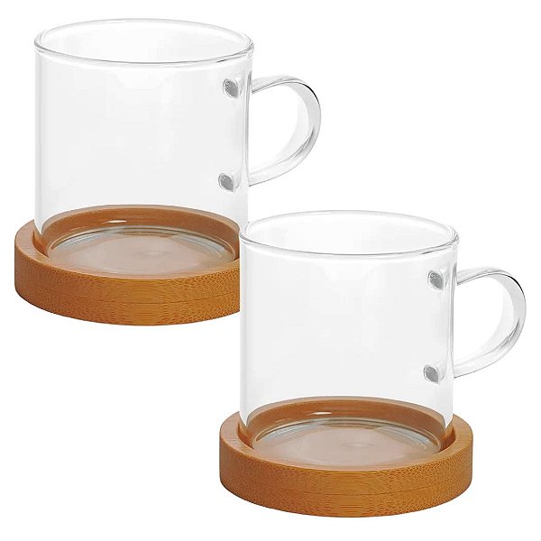 Dupla de Xícaras Vidro Borossilicato com Pires de Bambu Redonda Mimo Style