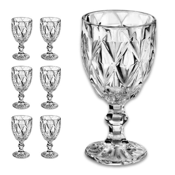 Jogo de 6 Taças para Água ou Suco Diamante de Vidro Transparente 340ml