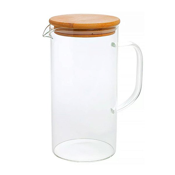 Jarra para Sucos Agua Leite de Vidro Borossilicato com Tampa de Bambu Hermética 1,3Litros Mimo Style