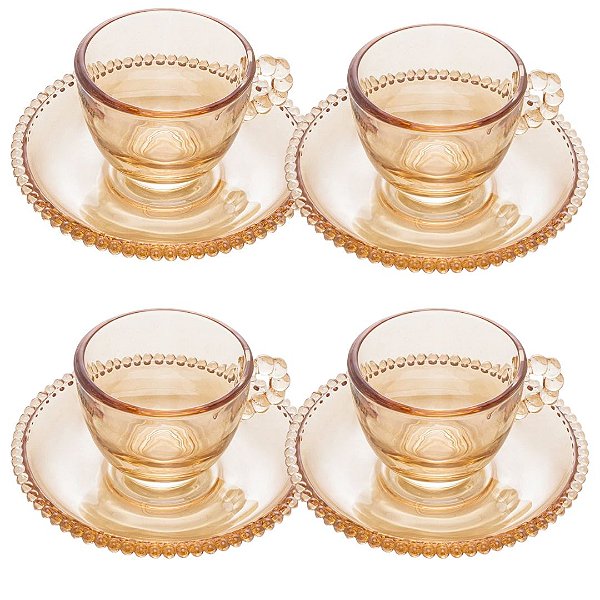 Jogo de 4 Xícaras Cristal com Pires Pearl Âmbar Bolinha 80ml Wolff