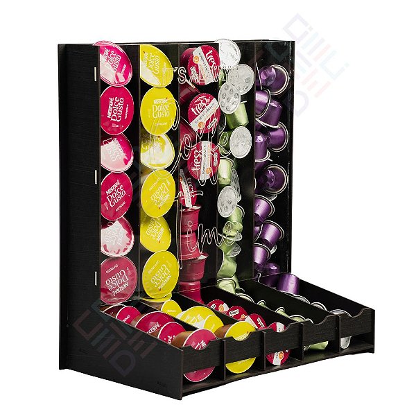 Suporte Organizador Capsulas Universal Porta Capsulas Com Visor de Acrílico Preto Dolce Gusto Três Corações Nespresso Delta Q e Nespresso Vertuo Cantinho do Cafe Torre Mdf