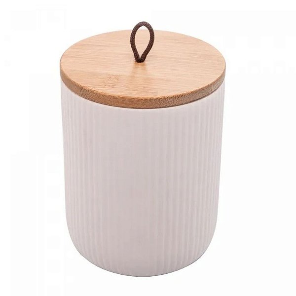 Potiche Hermético de Cerâmica com Tampa de Bambu e Pegador de Corda Lines Branco 800ml Lyor
