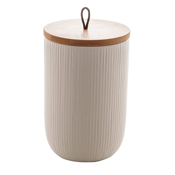 Potiche Hermético de Cerâmica com Tampa de Bambu e Pegador de Corda Lines Branco 950ml Lyor