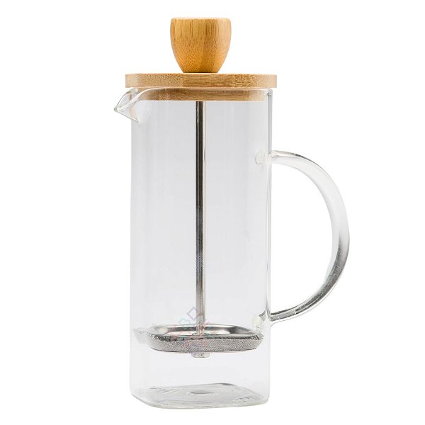 Prensa Francesa Quadrada de Vidro Borossilicato com Tampa de Bambu 370ml Pequena Mimo Style
