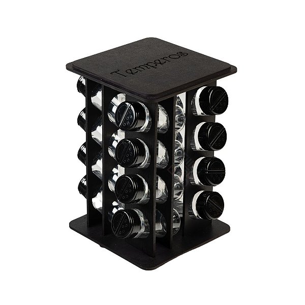 Porta Temperos Condimentos de Mdf + 16 Potes com Tampa Preta Base Giratória (Selecione Variação)