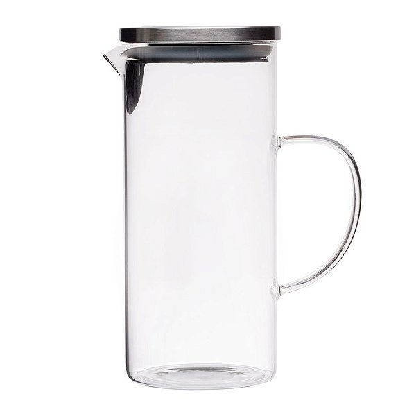 Jarra para Sucos Agua Leite de Vidro Borossilicato com Alça e Tampa Hermética Cromada Prata 1,3 litros Mimo Style