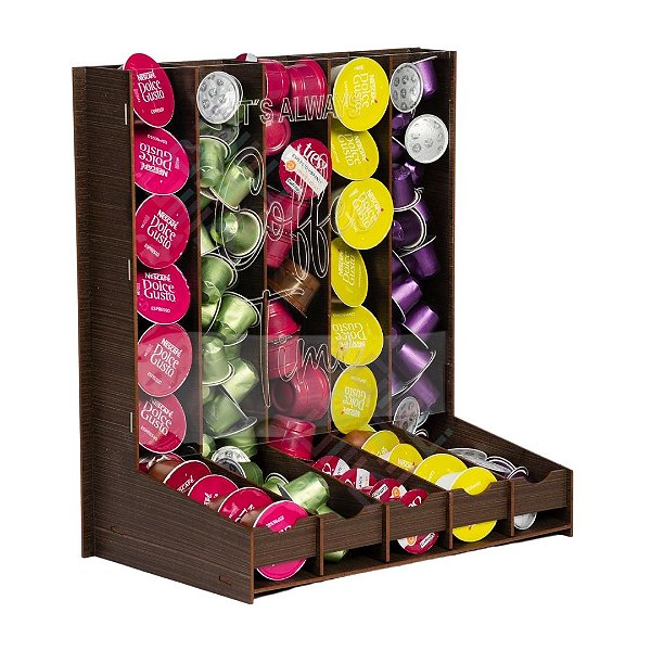 Suporte Organizador Capsulas Universal Porta Capsulas Com Visor de Acrílico Marrom Dolce Gusto Três Corações Nespresso Delta Q e Nespresso Vertuo Cantinho do Cafe Torre Mdf