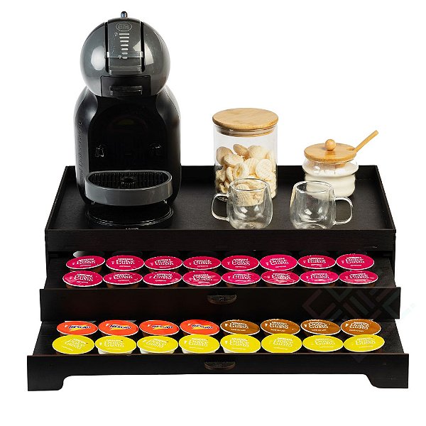 Bandeja Com 2 Gavetas Embutida Porta 80 Cápsulas Preta Dolce Gusto Três Corações Nespresso MDF