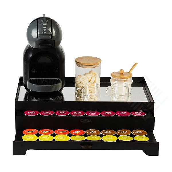 Bandeja Preta Espelhada Porta 80 Capsulas Cafeteira com Gaveta Embutida decorativo Dolce Gusto Três Corações Nespresso MDF