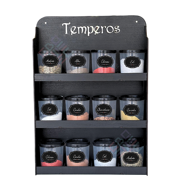 Suporte Grande Preto para 12 Temperos em MDF Com Potes - SELECIONE VARIAÇÃO