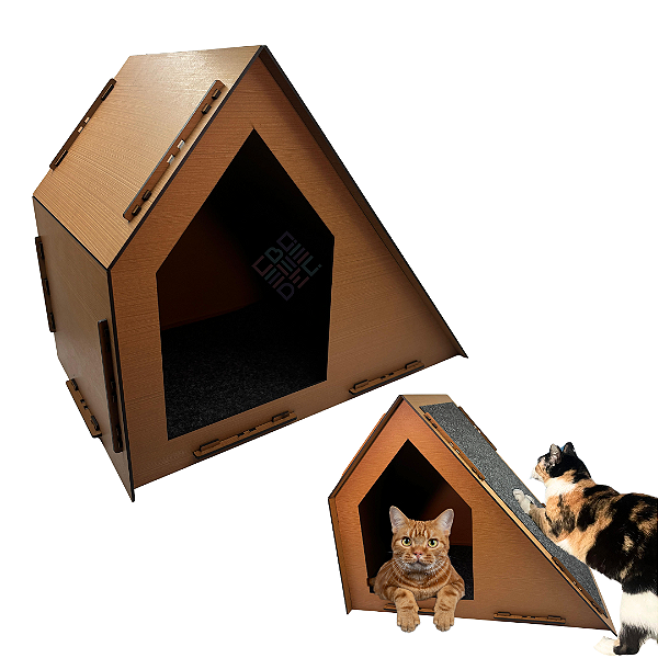 Casa de Gato Grande Caramelo Toca para Felinos com Arranhador para Gatos Pet Lateral em MDF