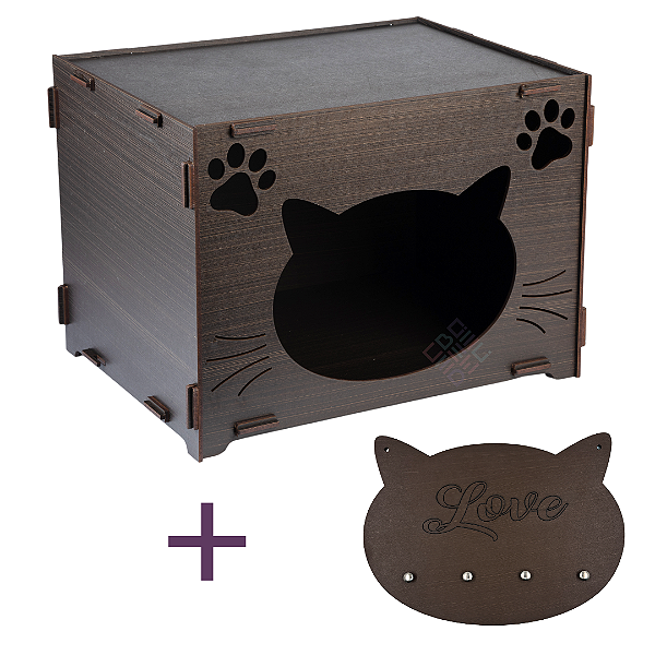 Casa para Gato Marrom Nicho em MDF com Brinde Chaveiro de Gatinho