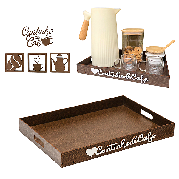 Kit Bandeja Cantinho do Café + Apliques Decoração Com Alças para Servir Cafe Cha Aparador em MDF Marrom