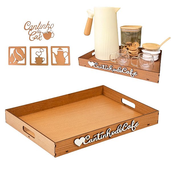 Kit Bandeja Cantinho do Café + Apliques Decoração Com Alças para Servir Cafe Cha Aparador em MDF Caramelo