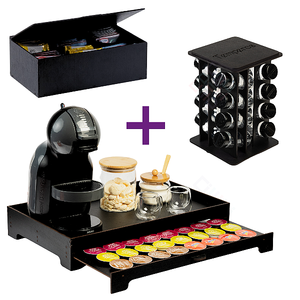 Kit 3 Peças Organizador Cozinha Bandeja Porta Capsulas + Caixa Porta Chá Saches Açucar + Porta Temperos Giratório 16 Potes em MDF Preto