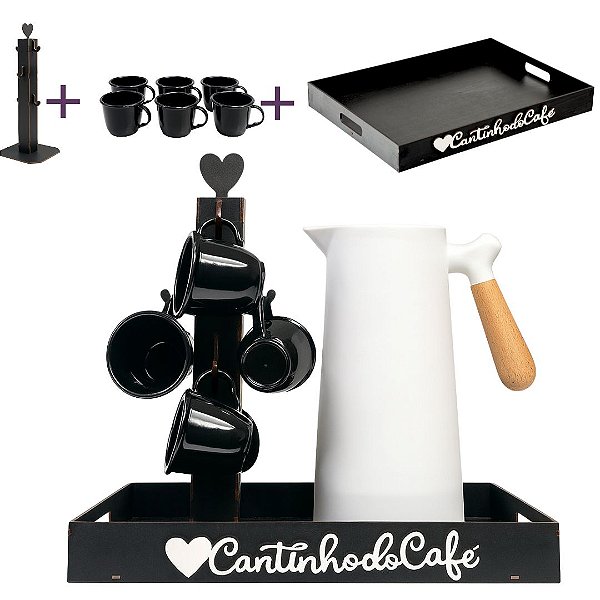 Conjunto Completo para Cantinho do Café 3 peças Bandeja, Suporte de Xícaras e Jogo de 6 xícaras 100ml