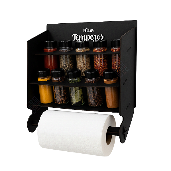 Suporte Porta Temperos com 10 Potes e Porta Papel Toalha Giratório de Parede em MDF