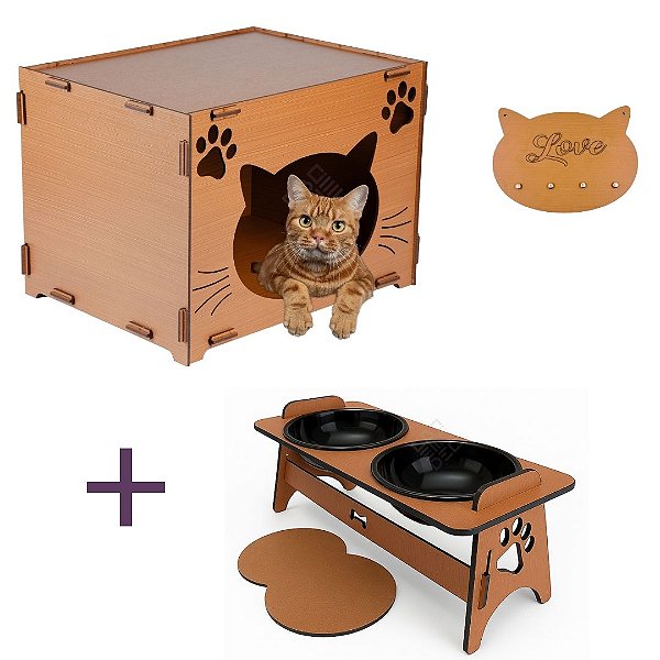 Kit 2 peças Casa para Gato + Comedouro Duplo em MDF