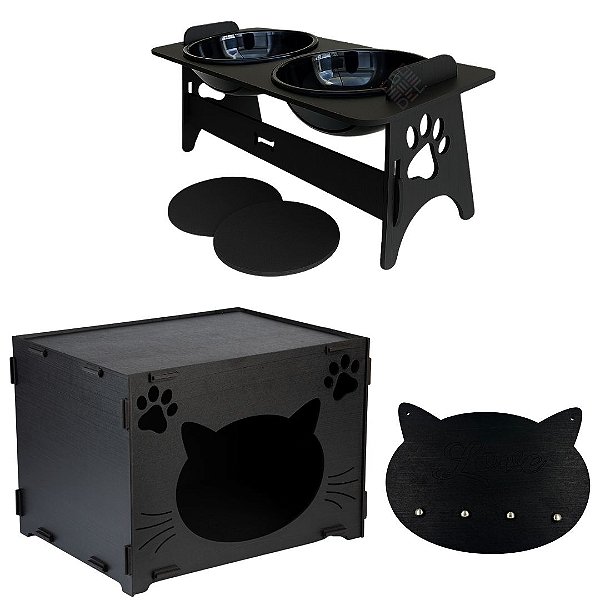 Kit 2 peças Casa para Gato + Comedouro Duplo Preto em MDF