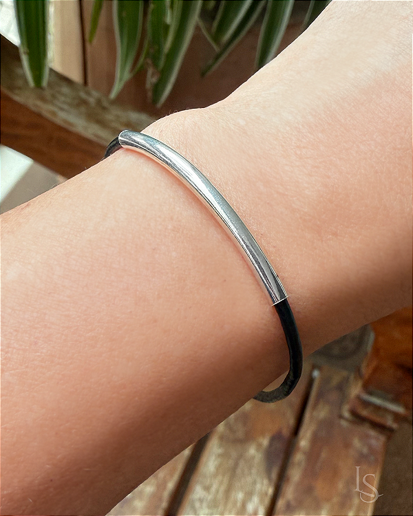 Pulseira de Prata 950 e Couro com fecho lagostinha
