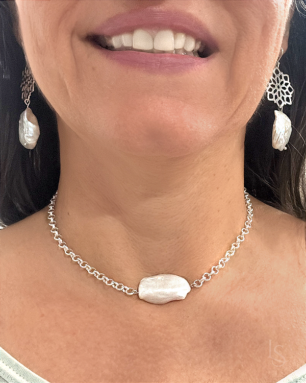 Colar de Prata 950 e Perola Barroca - Renda Portuguesa