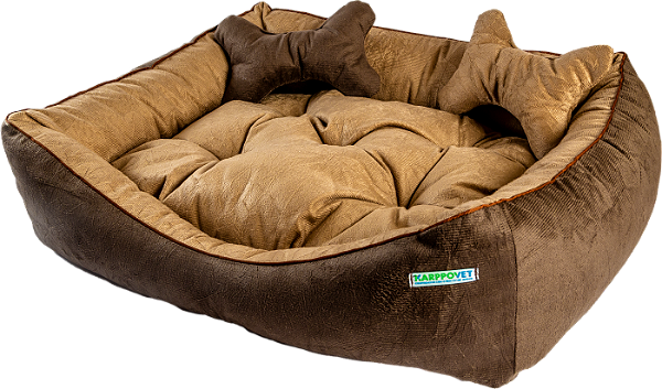 Caminha pet luxo com travesseiro e almofada dupla face, suede marrom e cinza