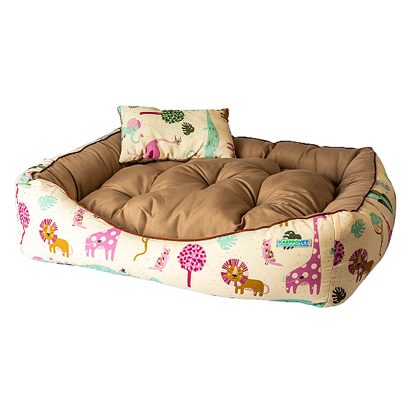 Caminha pet luxo com travesseiro e almofada dupla face Safari