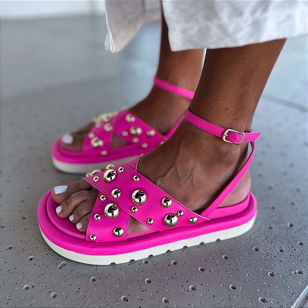 Sandália Papete Valéria Pink esferas douradas