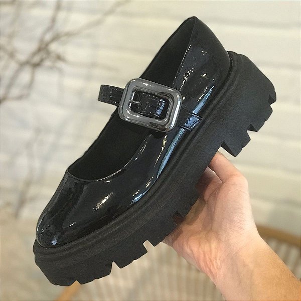 Mocassim Mary Jane Verniz Preto