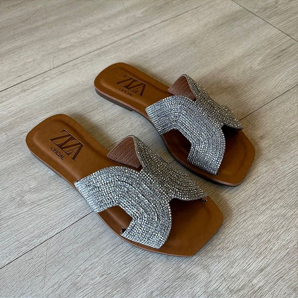 Rasteira couro Scheyla prata