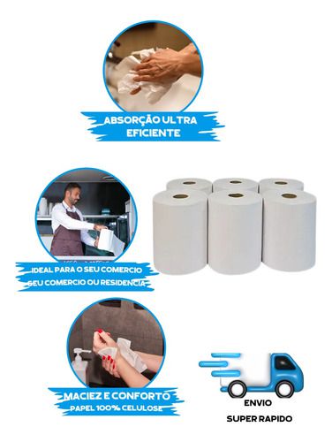 Papel Toalha Bobina 6 Rolos 100% Celulose Virgem
