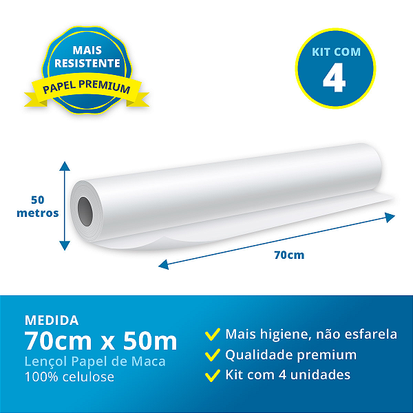 Lençol Papel Hospitalar 70x50 100% celulose virgem 4 Rolos