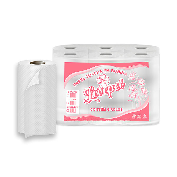 Papel Toalha Bobina 100% Celulose Branco Puro C/6 Rolos