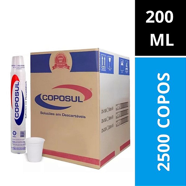 Caixa de copo Descartável 200ml 2500un Branco PS - COPOSUL