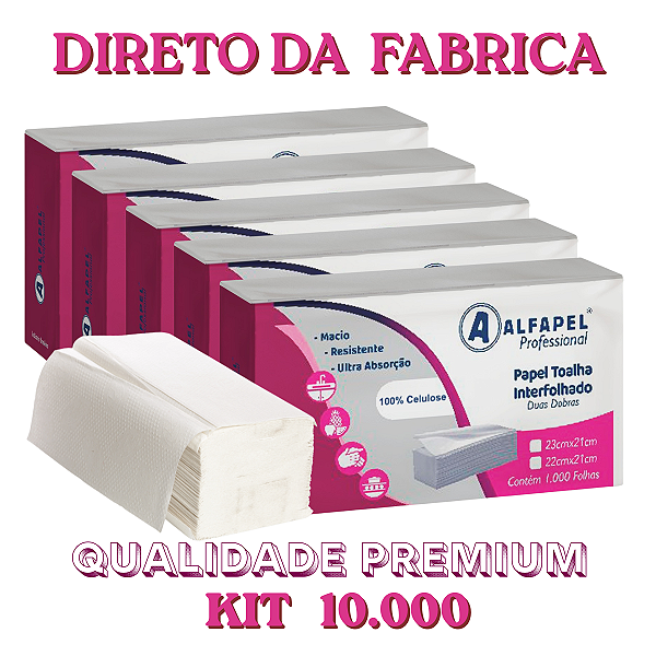 kit 10000 Papel Toalha Interfolha 100% Celulose Alfapel