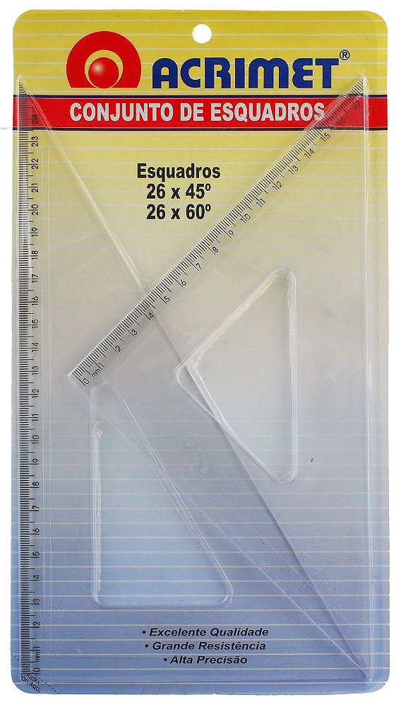 Esquadro Acrimet 568 escolar de 45 e 60  graus com 26 cm de comprimento